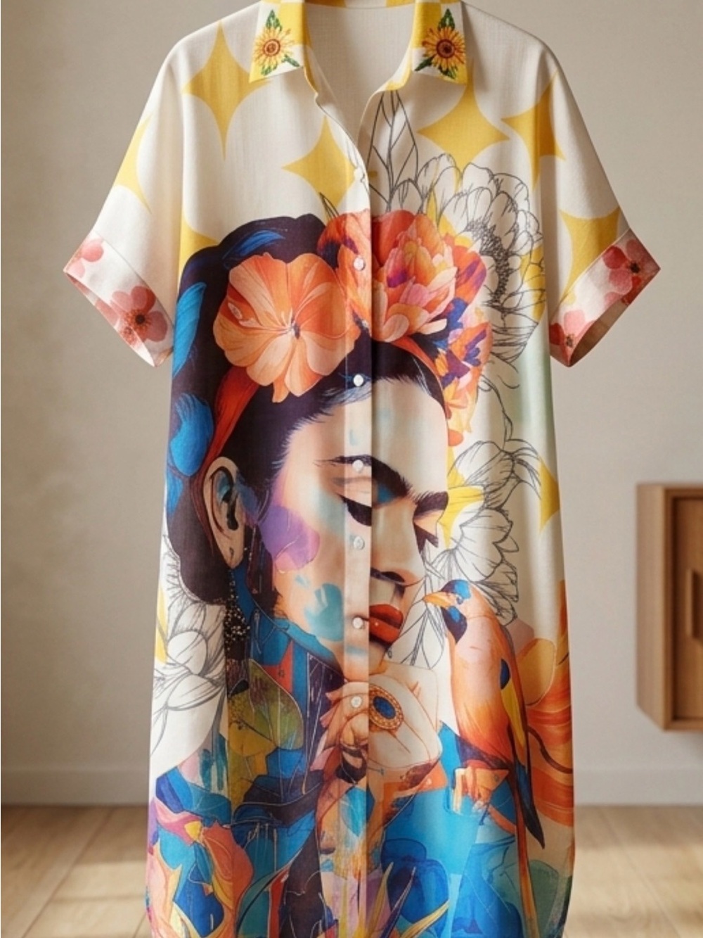 Statement Frida Kahlo Floral Portrait Button-Up Dress — Multicolor